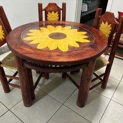Wood Mexican Style Round Dinning Table Set With Sun Engraved On The Table And Chairs