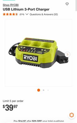 Ryobi USB Lithium 3-Port Battery Charger