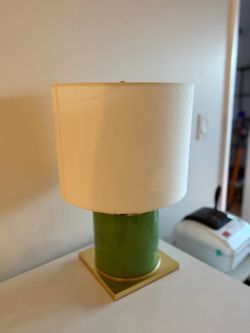 Modern Sage Green Ceramic Cylinder Table Lamp with Brass Accents