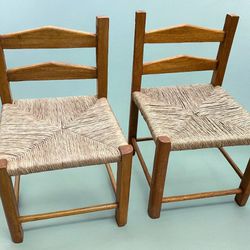 Vintage Set Of 2 Kids Rush Seat Chairs  Solid Wood With Hand woven seats 