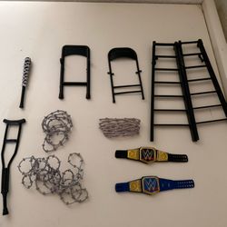 WWE TOY ACCESSORIES BARBWIRE CHAIR LADDER TITLE CHAMPIONSHIP BAT 