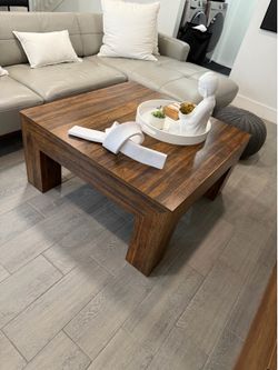 $90 Wooden Square Coffee Table,35.5 inch Farmhouse Low Cocktail with Thick Base for Living Room (Rustic Brown)