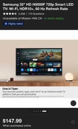 Samsung 32" HD H5000F 720p Smart LED TV: Wi-Fi, HDR10+, 60 Hz Refresh Rate