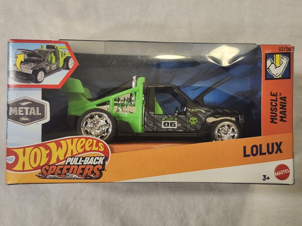 HOT WHEELS METAL DIECAST 1;43 SCALE. PULL BACK SPEEDERS. MUSCLE MANIA. LOLUX RACING TRUCK.