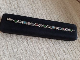 Vintage heavy quality solid Sterling silver multi color authentic gemstone bracelet