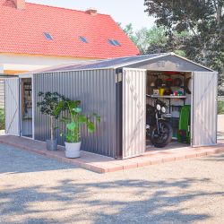 10x14 FT Outdoor Metal Storage Shed, Large Garden Shed Tool Shed with 3 Lockable Doors & Side Door, Waterproof Yard Building with 4 Air Vents for Back