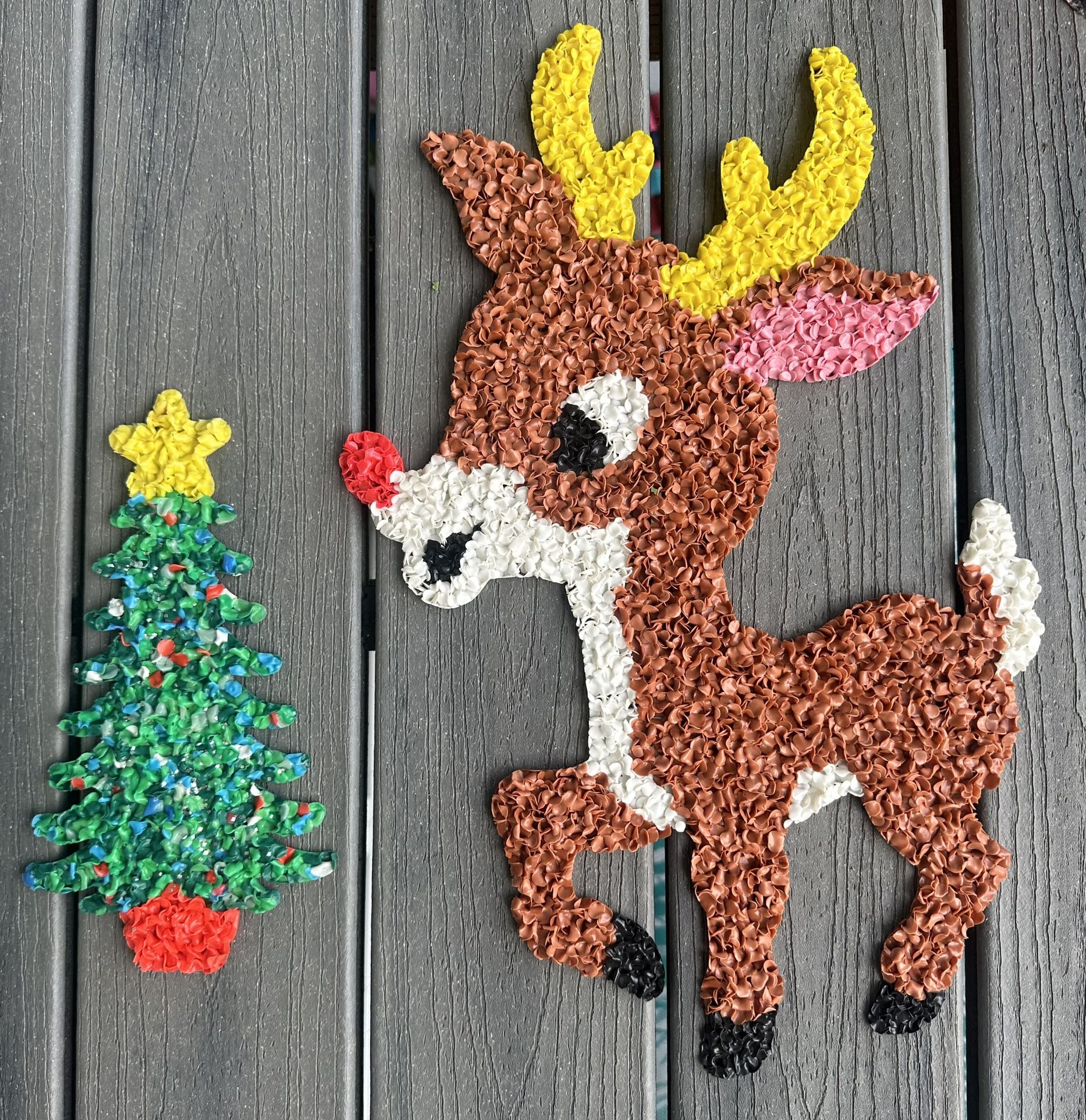 Set of 2 Vintage 70s melted plastic popcorn Christmas decorations One Rudolf the red nose reindeer 20” tall x 14” wide and one Christmas tree 11” ta