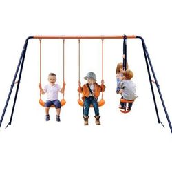 Swing Set Metal Backyard Playground with 2 Seats with 1 Seesaw Play Set 440lbs Capacity

