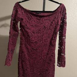 Petite dress size( S) and 30inch long, off the shoulder in Maroon color, it’s available as long as you can see.Excellent like new