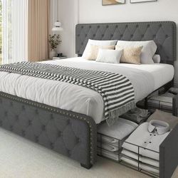Queen Size Platform Bed Frame with 4 Storage Drawers and Upholestered Headboard, Dark Grey 