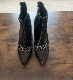 Black Patent Leather Ankle Boots with Silver Chain Accent Block Heel Size 8/38