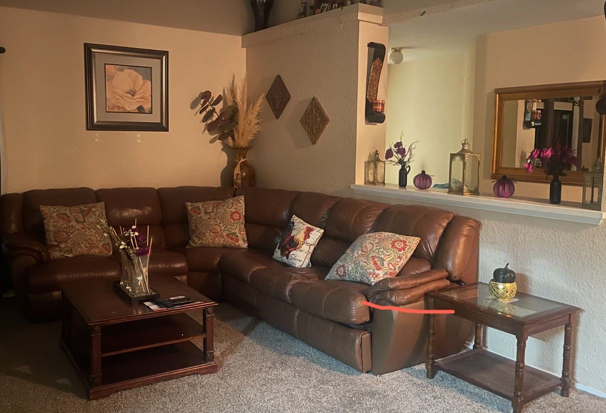 Brown Leather Sectional Sofa with Pullout Bed –