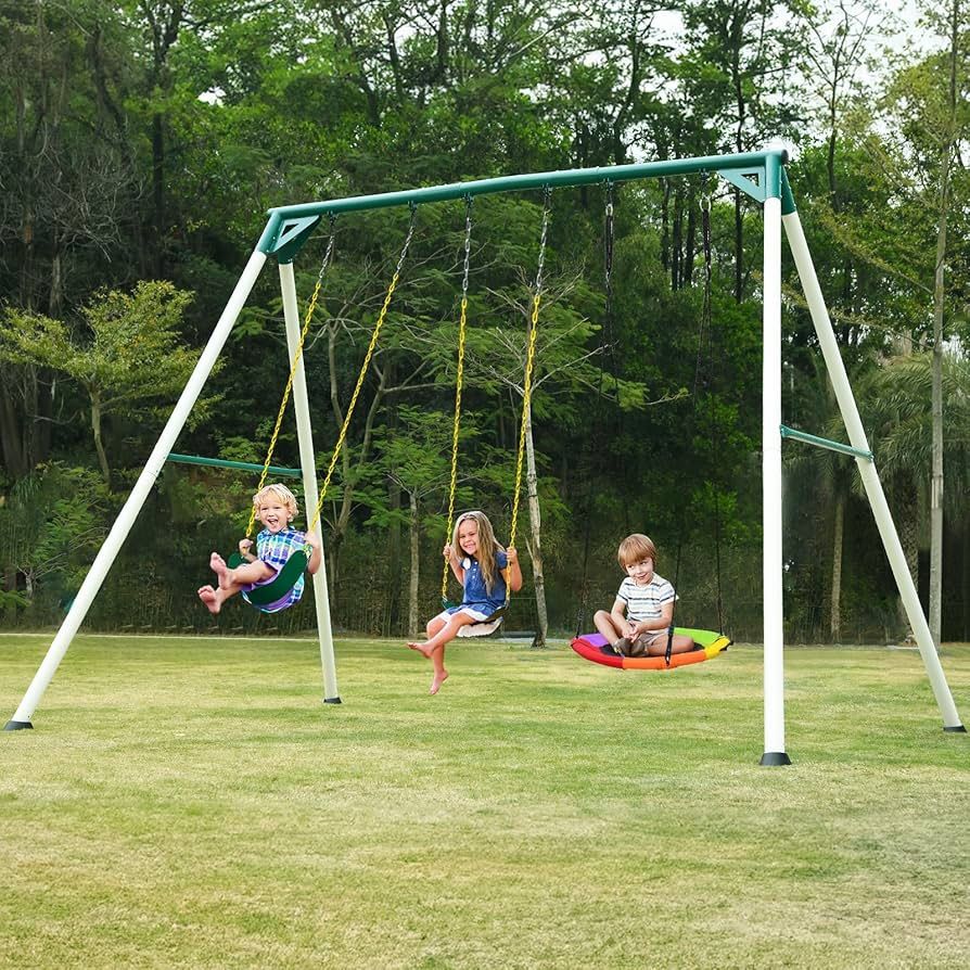 Hapfan 9.5ft Tall Backyard Swing Set for Kids and Adults with Saucer Swing, 2 Belt Swings