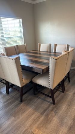 Solid Wood Table With Eight Chairs With Nail Head Good Condition