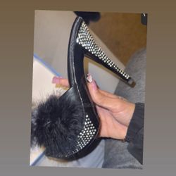 Black Fluffy Rhinestone Heels