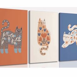 Set Of Three Boho Cat Wall Art Canvas Ready To Hang