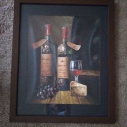 Wooden Framed Painting, Vintage Bottles, Wine Goblet & Flute