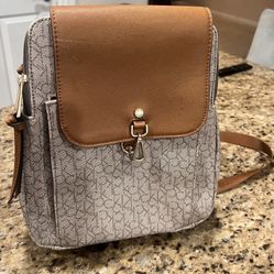 Calvin Klein Logo Backpack Purse – Brown Monogram with Tan Trim