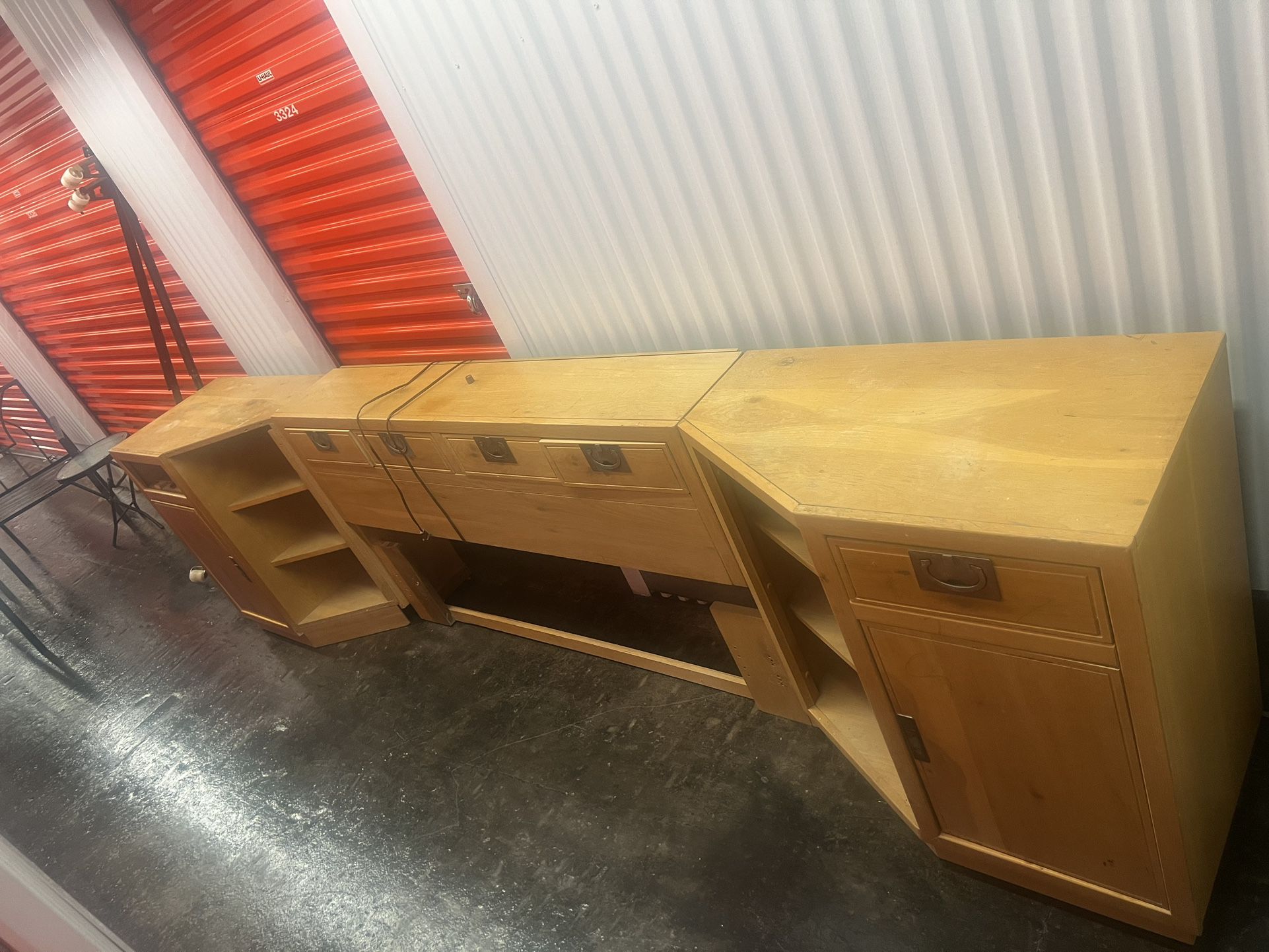Solid Wooden Bedroom Set Includes A Huge Dresser, 2 Nightstands, Headboard, and Metal Bed Frame. Very Heavy Will Need At Least 2 People to Carry It Ou