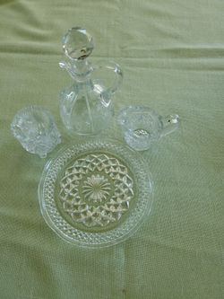 Glass Vinegar Pitcher, Individual Cream And Sugar, And Plate