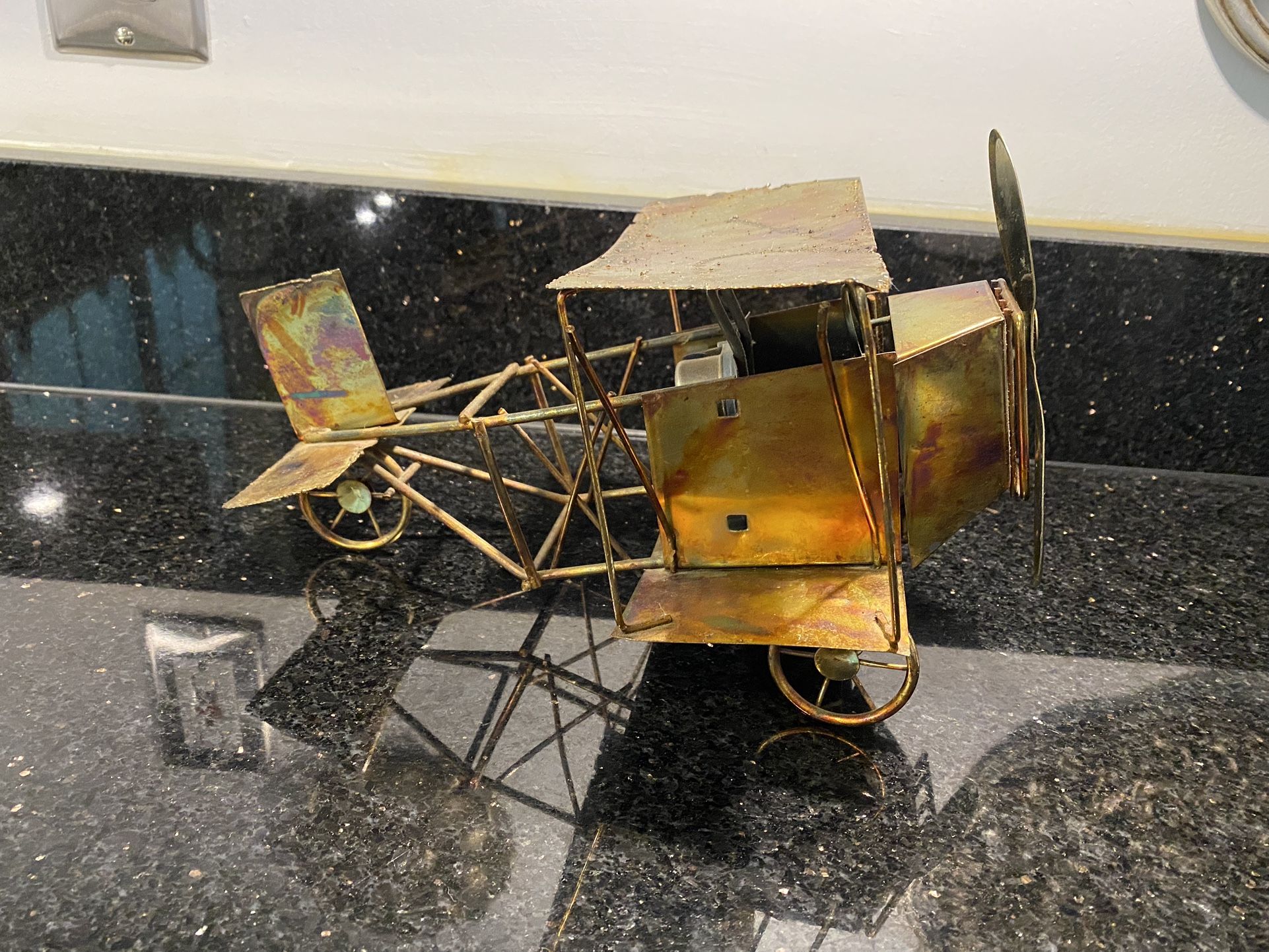 Vintage Copper Bi Wing Wind Up Airplane Music Box “The Impossible Dream” 6x6x10”