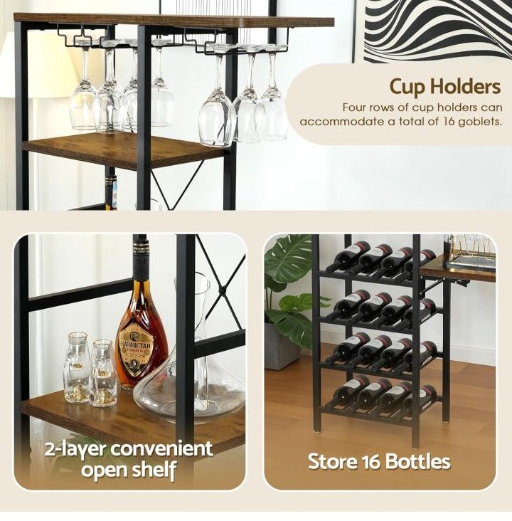 Wine Bar Cabinet with Storage, Freestanding Wine Rack and Glass