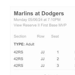 3 Dodgers Tickets May 6th 