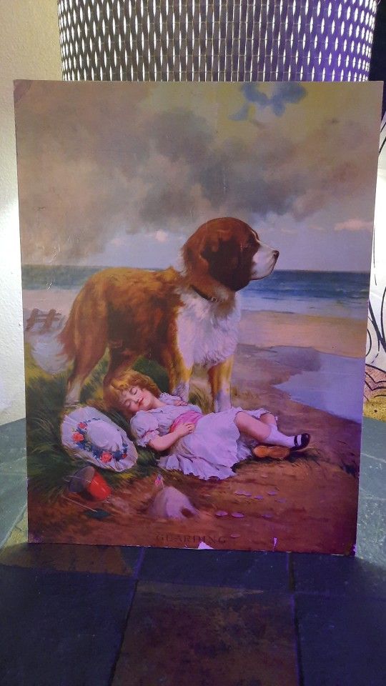 Victorian Lithograph Print "Gaurding" No Frame Matted 