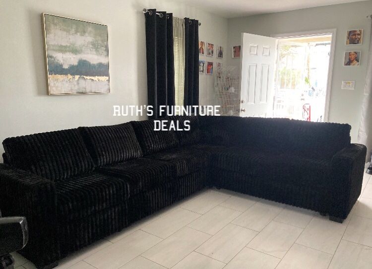 Stylish XL Sectional Sofa  Couch Black Fur-like Jumbo Corduroy