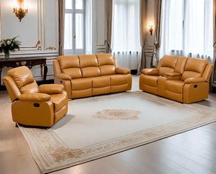 Carmel leather fully reclining three piece couch set