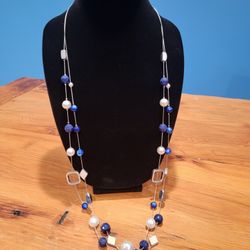 NY & Co Silver Tone Blue Plastic Faceted Bead Double Strand Layer Necklace Long