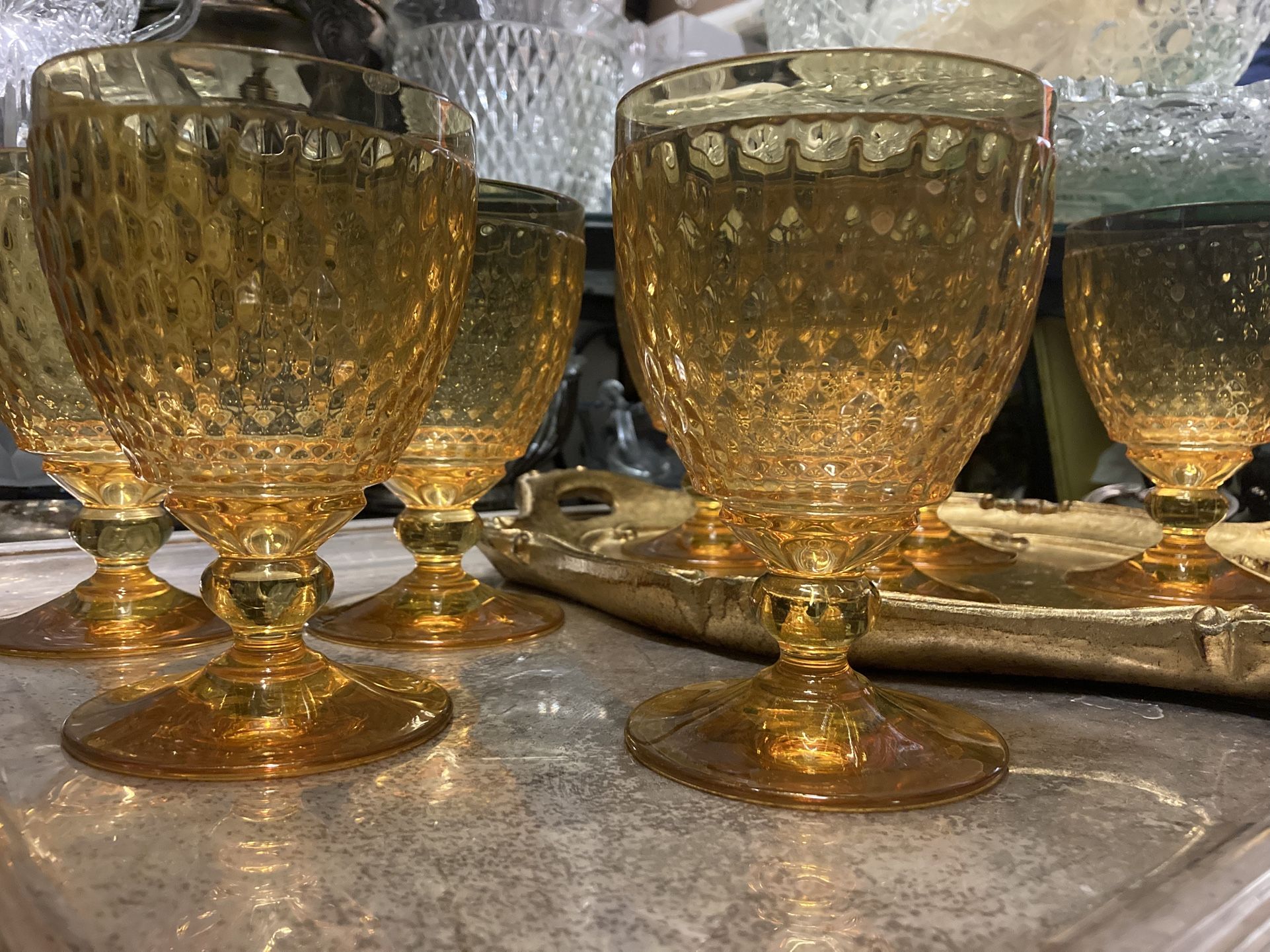 Set Of 8 Vintage Amber Crystal Goblets Villeroy & Boch