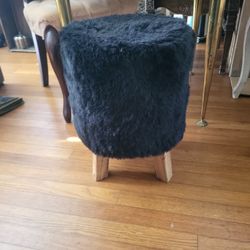 Black Faux Fur Wood Stool