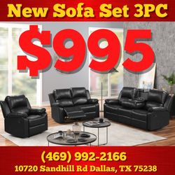 New In The Box 📦 Black Leather Sofa Set 3pc - Delivery Available 