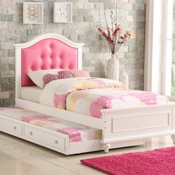 White/ Pink Twin Bed Frame w/ Trundle 