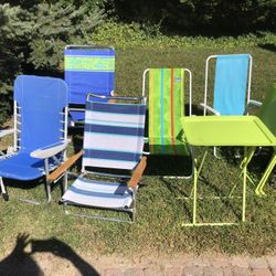 Three Lime, Green Tray, Tables, And Four Beach Chairs