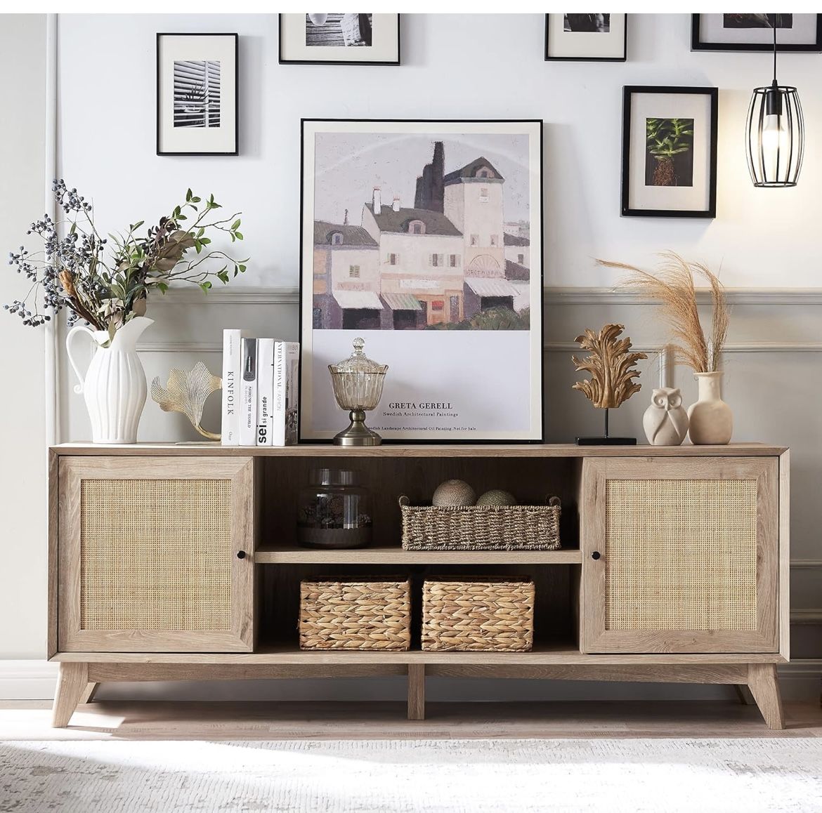 NEW - Rattan TV Console Table for 75 Inch TV, Mid Century Modern Long Entertainment Center with Storage Shelves, Large Boho Media Console TV Stand for