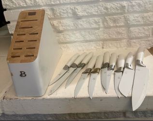 Beautiful 10 Piece Stainless Steel Knife with stand Block Set, Soft-Grip Handles White Icing by Drew Barrymore