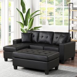 ⭐️Naomi Black PU - Reversible Sectional & Ottoman 