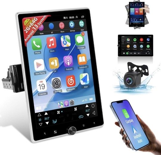 [2G+64G] Android 13 Rotatable Single Din Vertical Car Stereo 10.4 inch Touch Screen Radio Unit with Wireless Carplay & Android Auto/EQ Audio/Bluetooth