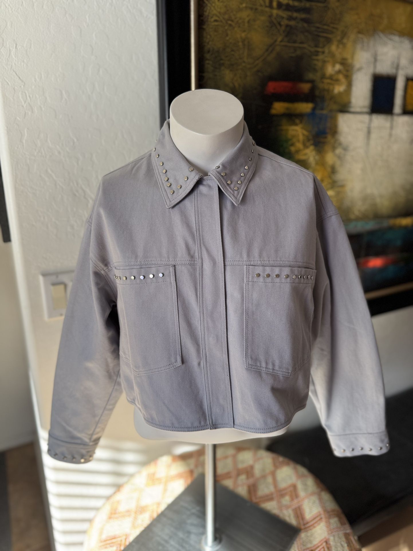ZARA Cropped Mint Jean Jacket With Pockets Sz Large