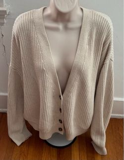Gap cream beige cable knit button front V-neck 100% cotton cardigan, size L
