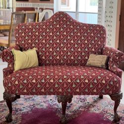 French Provincial Ball & Claw Foot Tall Back Chippendale Style Loveseat