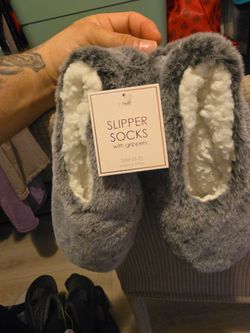 Gray Fuzzy Slipper Socks with Grippers
