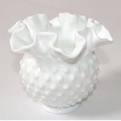Vintage Fenton Style Art Glass White Ruffled Hobnail Milk Glass Vase