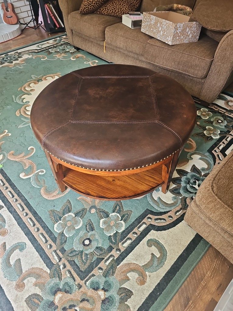 Large Leather And Wood Ottoman