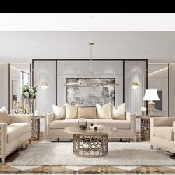 Beige Tone On Tone High End Modern Gold Glam 3 Piece Sofa Set