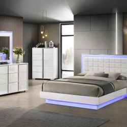 WHITE FINISH LED BLUE LIGHT 4 PIECE QUEEN SIZE BEDROOM SET BED NIGHT STAND DRESSER MIRROR - JUEGO RECAMARA CAMA