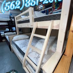 Twin Full Whitewash Litera Bunk Bed With Mattresses New