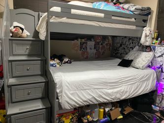 Gray Bunk bed top twin size and bottom full size. Bunkbed